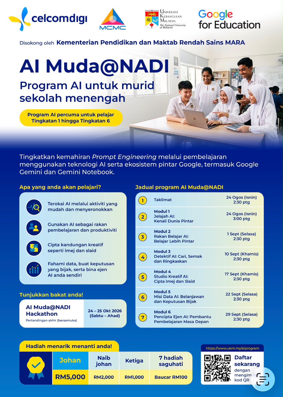 Poster rasmi AI Muda@NADI 2026 &mdash; program AI untuk murid Tingkatan 1 hingga Tingkatan 6, anjuran MCMC, CelcomDigi dan UKM, disokong Kementerian Pendidikan Malaysia