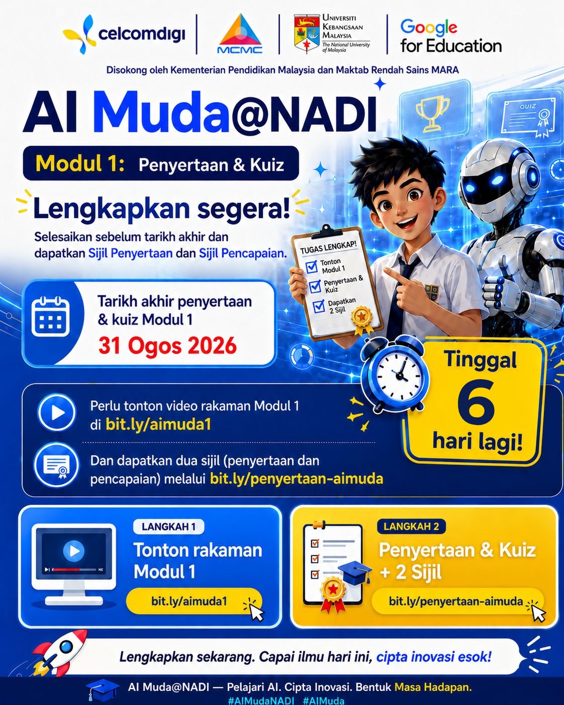 Poster peringatan Modul 1 AI Muda@NADI &mdash; lengkapkan penyertaan dan kuiz sebelum 31 Ogos 2026